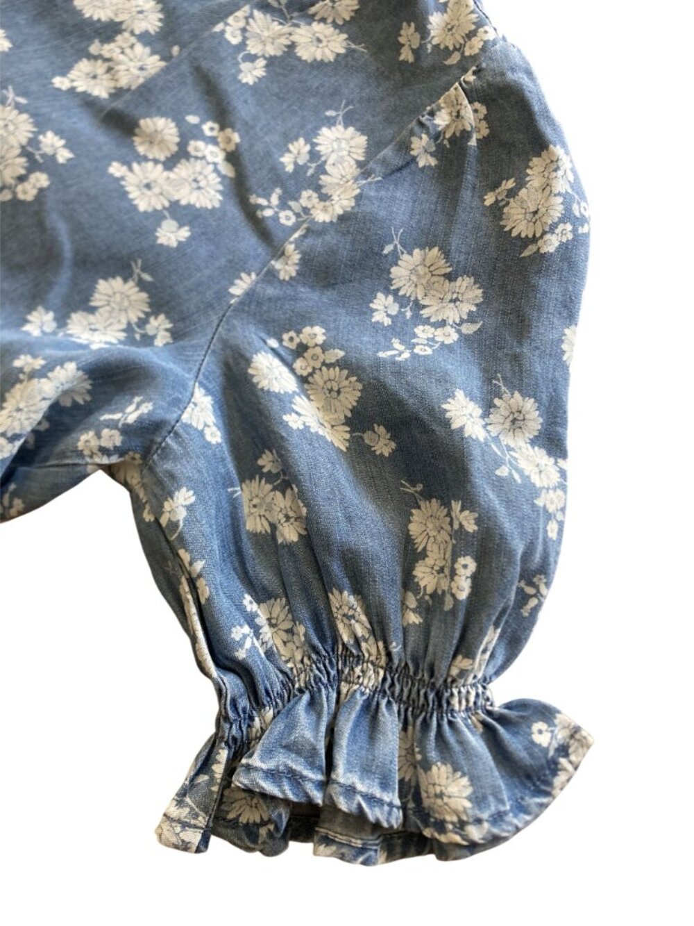 Floral Chambray Tiered Midi Dress Soft Denim With Puff Sleeves Look Boho Casual - Picture 5 of 5